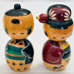 Vintage Japanese Wooden Kokeshi Dolls  Hand-Painted set 2 Man Woman Bobble Head